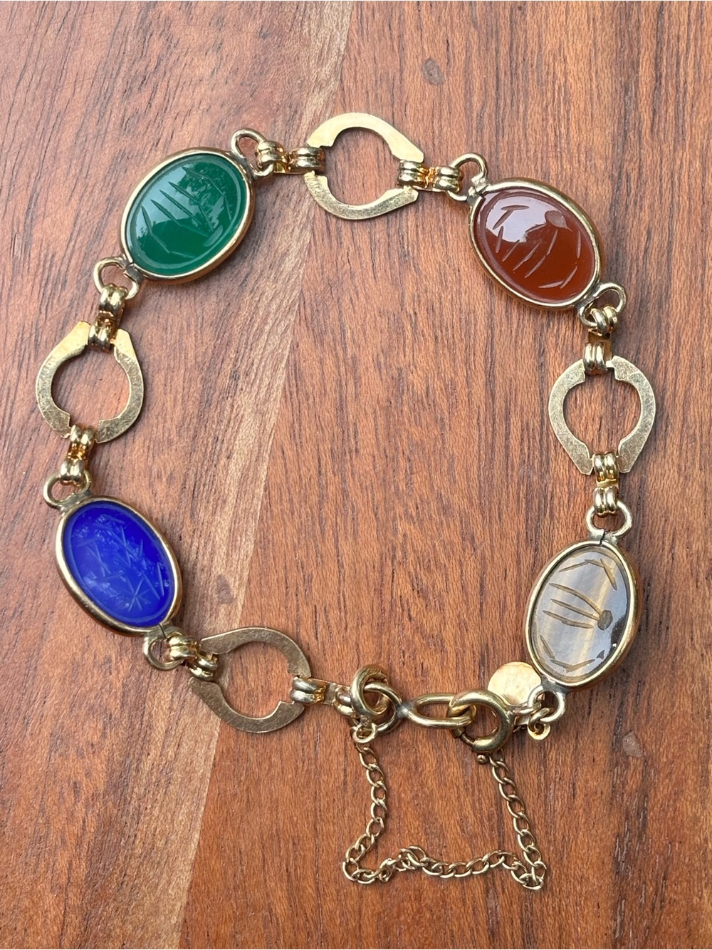Vintage Scarab Bracelet 12K Gold Filled Egyptian Revival Multi Stone 7” - Picture 3 of 4